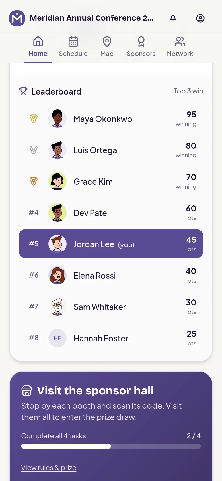 naimtag attendee app — Challenges & engagement: Leaderboard